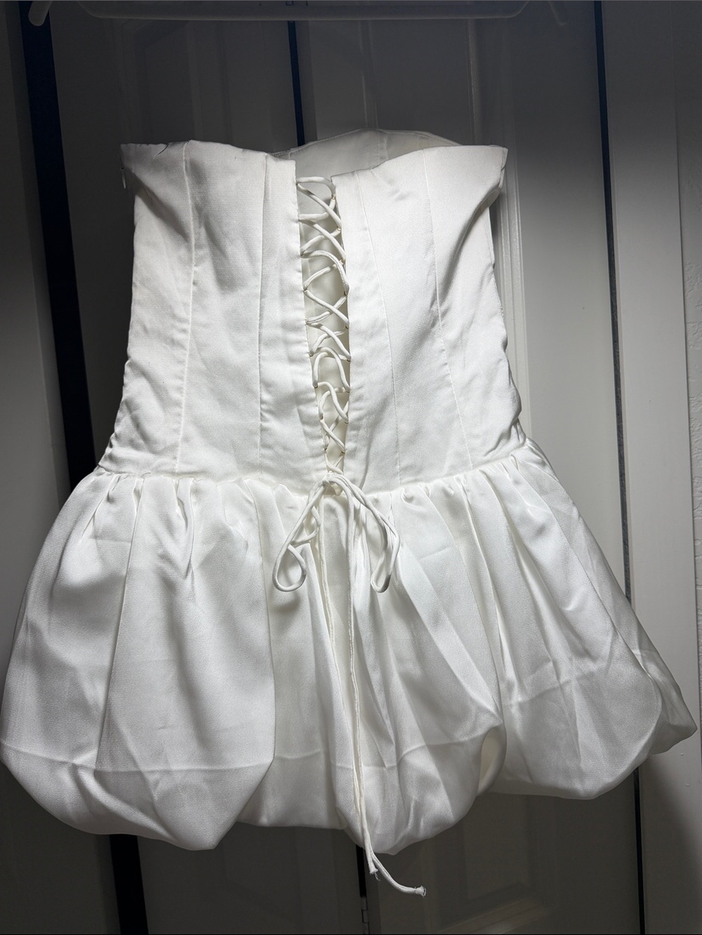NEWOT, EVNL Strapless Bubble Hem Corset Laced Back Builtin Shorts Mini Dress - S